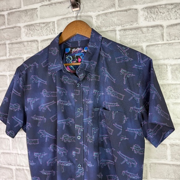 Retro Rifle Other - Retro Rifle Space Man Gun Fight Polyester Stretch Button Up Shirt Mens LARGE
